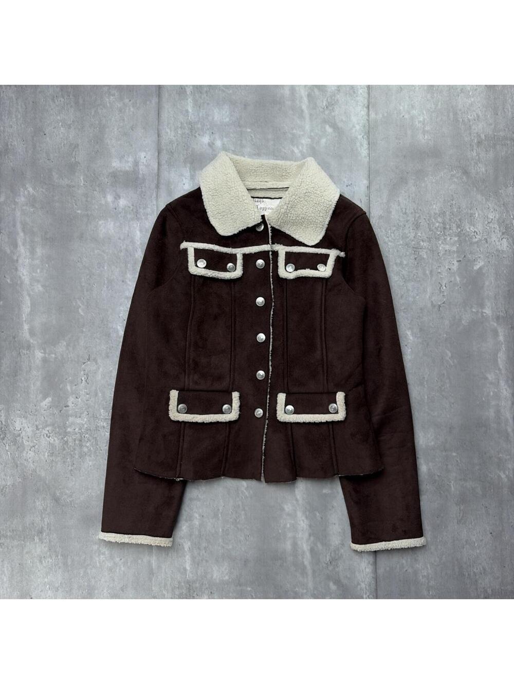 Y2K Brown Cappuccino Jeans Grunge Sherpa Lined Velour Button Up Jacket
